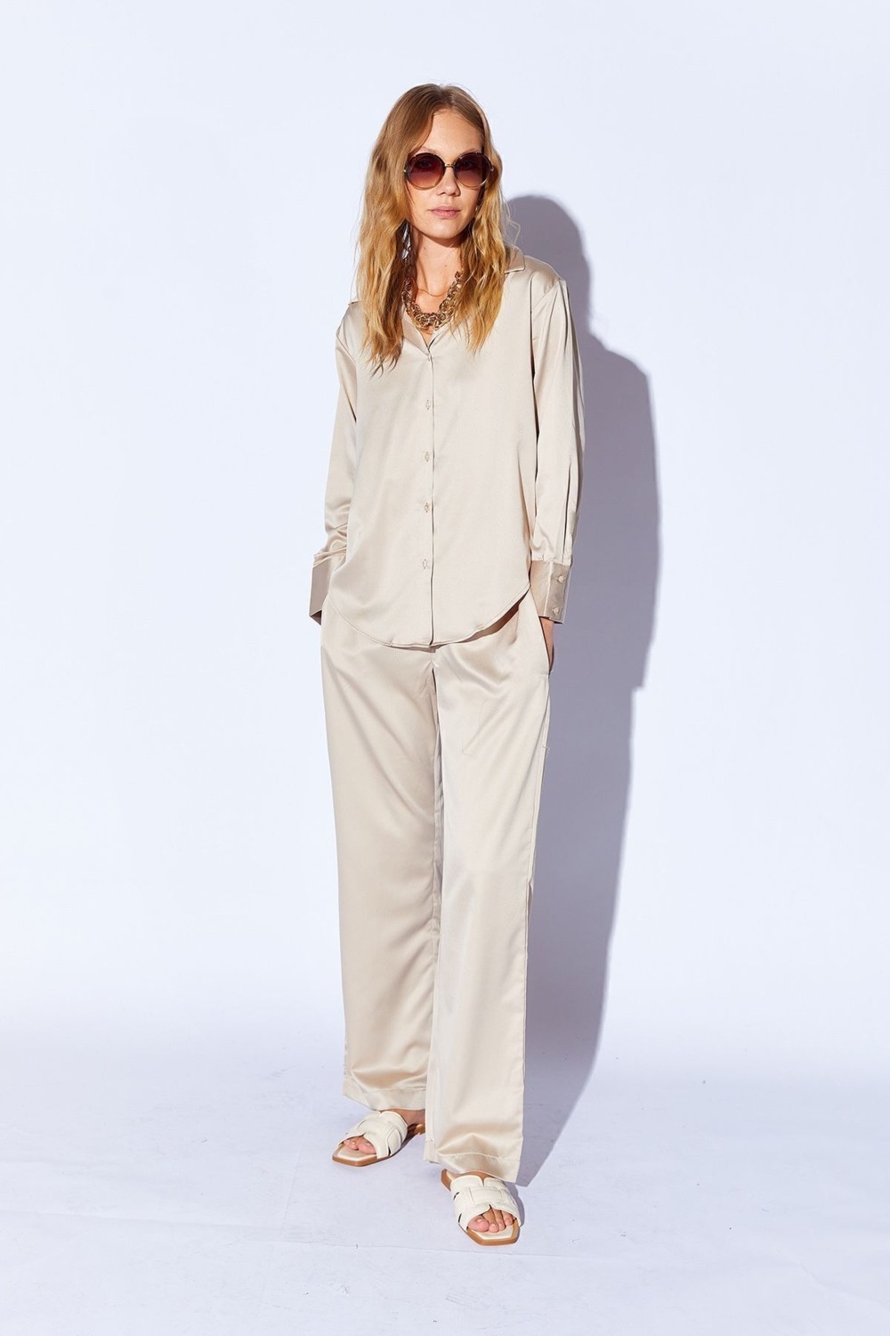 Edition Bej Saten Palozzo Kesim Beli Lastikli Kadın Pantalon EE10009594 görsel 7