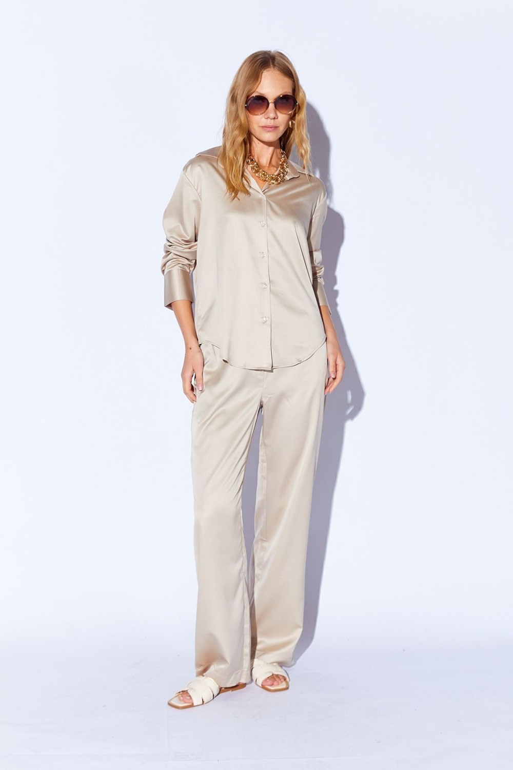 Edition Bej Saten Palozzo Kesim Beli Lastikli Kadın Pantalon EE10009594 görsel 8