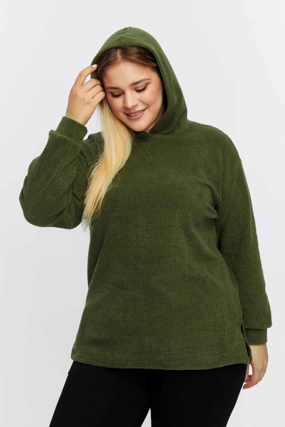 Sea Moda Büyük Beden Rahat Kapşonlu Yırtmaçlı Rahat Yumuşak Sweat-Haki