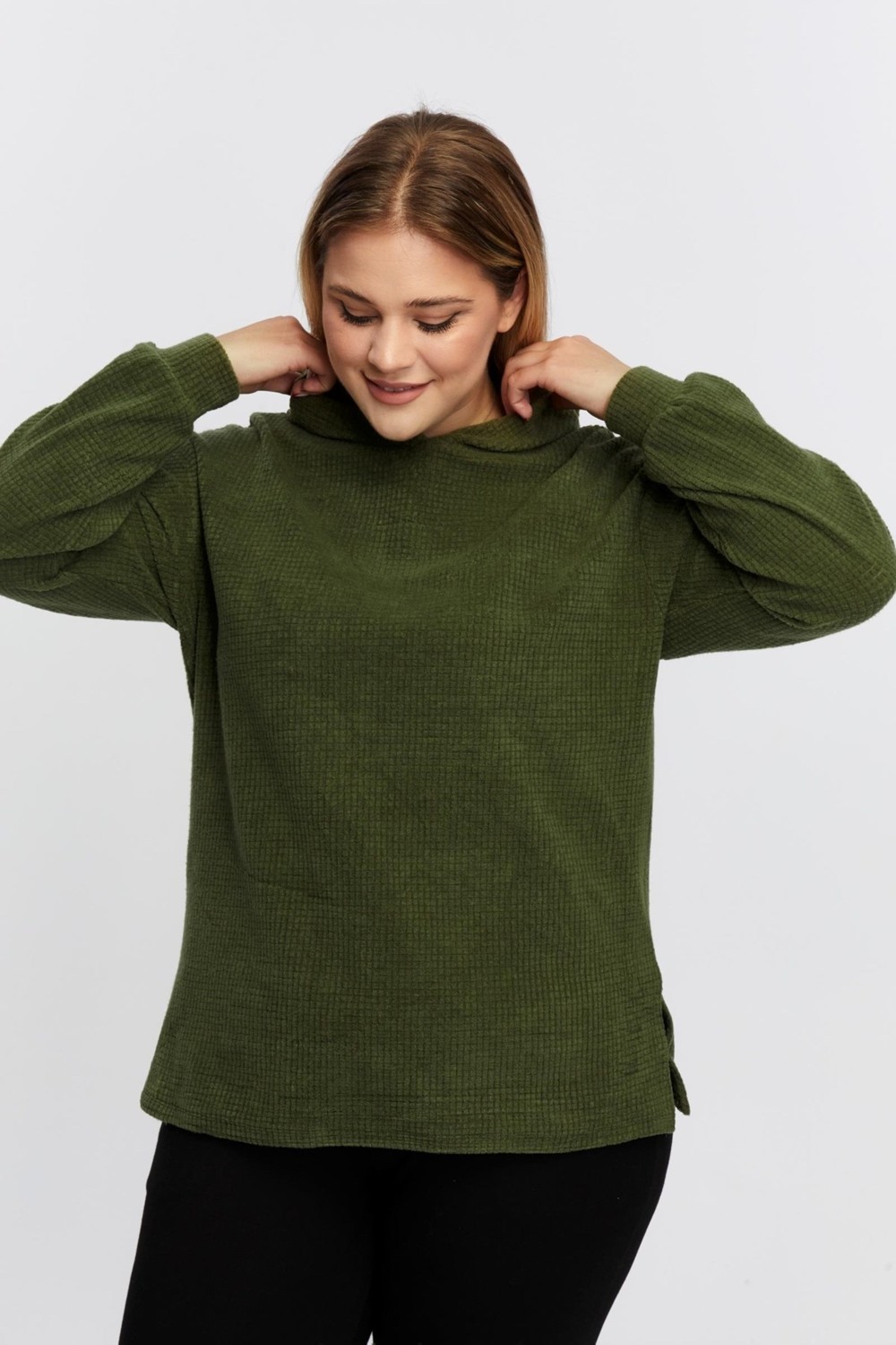 Sea Moda Büyük Beden Rahat Kapşonlu Yırtmaçlı Rahat Yumuşak Sweat-Haki görsel 3