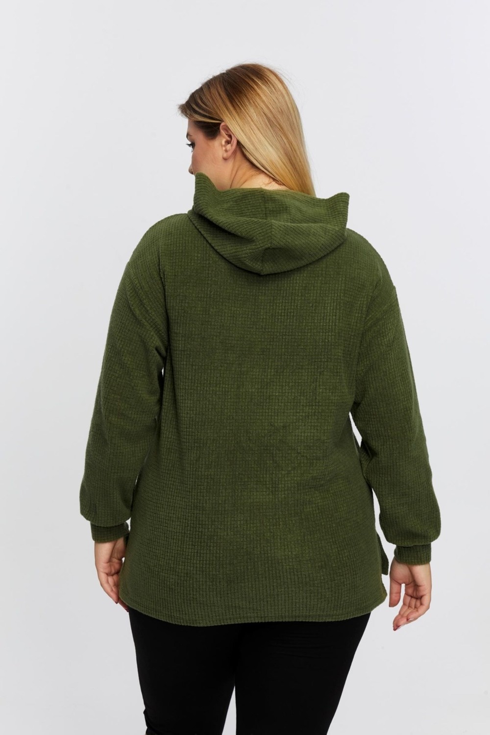 Sea Moda Büyük Beden Rahat Kapşonlu Yırtmaçlı Rahat Yumuşak Sweat-Haki görsel 4