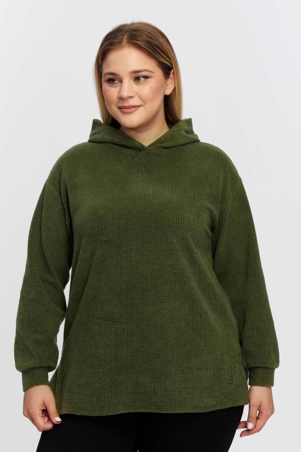 Sea Moda Büyük Beden Rahat Kapşonlu Yırtmaçlı Rahat Yumuşak Sweat-Haki görsel 5