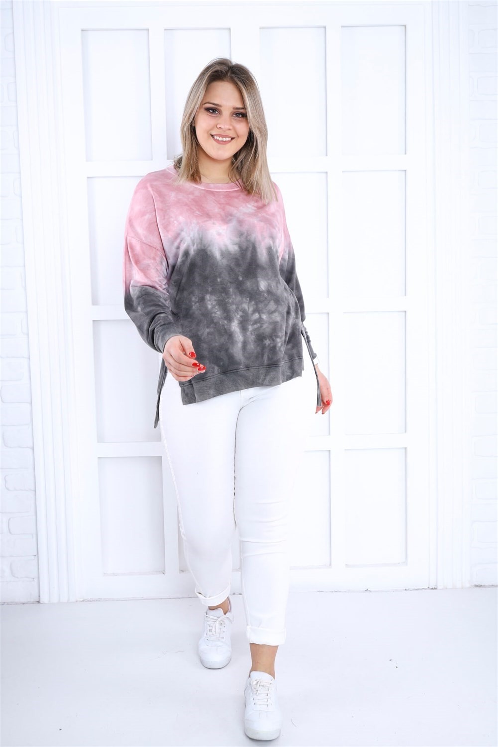 Sea Moda Pembe-Gri Batikli Yanları Yırtmaçlı Sweat