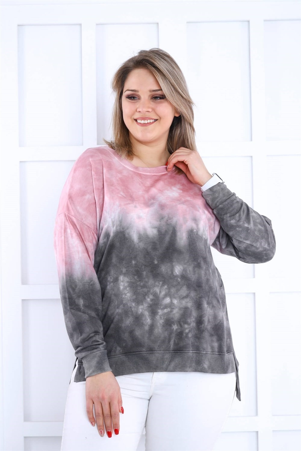 Sea Moda Pembe-Gri Batikli Yanları Yırtmaçlı Sweat görsel 3