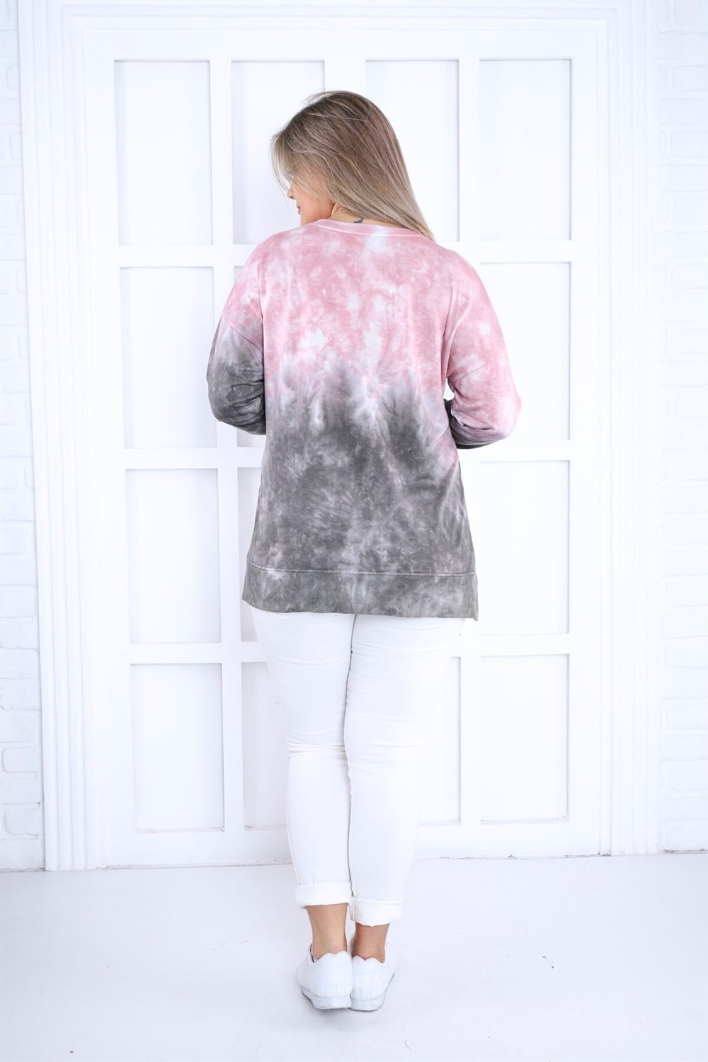 Sea Moda Pembe-Gri Batikli Yanları Yırtmaçlı Sweat görsel 5