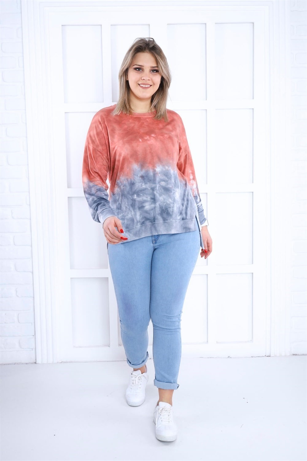 Sea Moda Kiremit-Mavi Batikli Yanları Yırtmaçlı Sweat