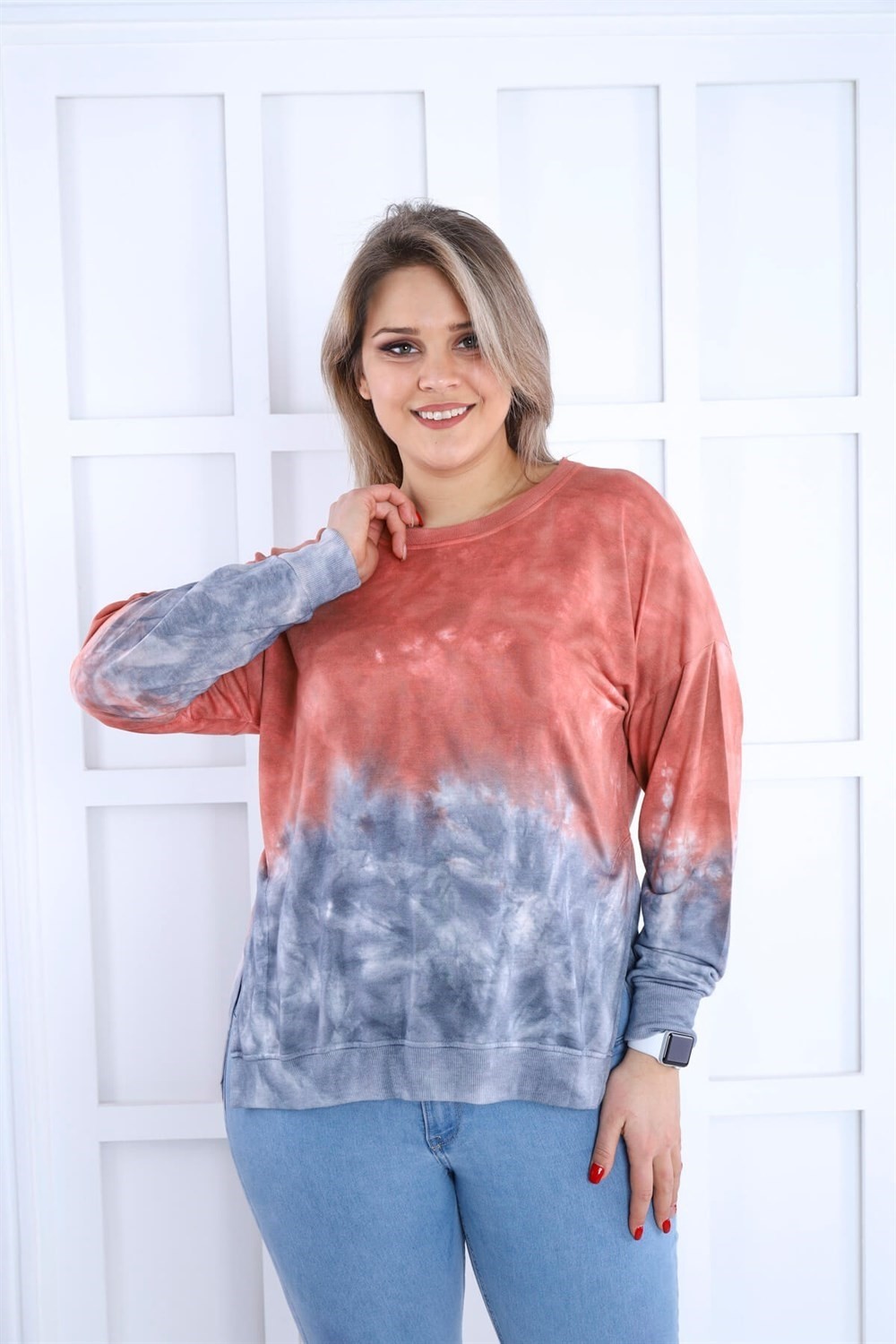 Sea Moda Kiremit-Mavi Batikli Yanları Yırtmaçlı Sweat görsel 2