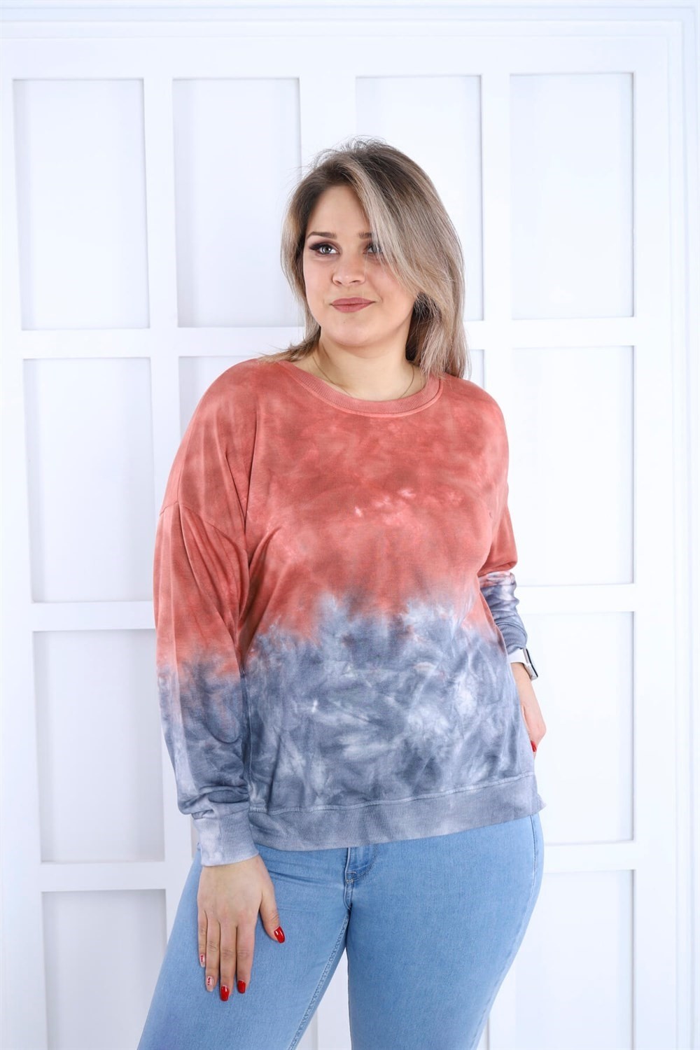 Sea Moda Kiremit-Mavi Batikli Yanları Yırtmaçlı Sweat görsel 4