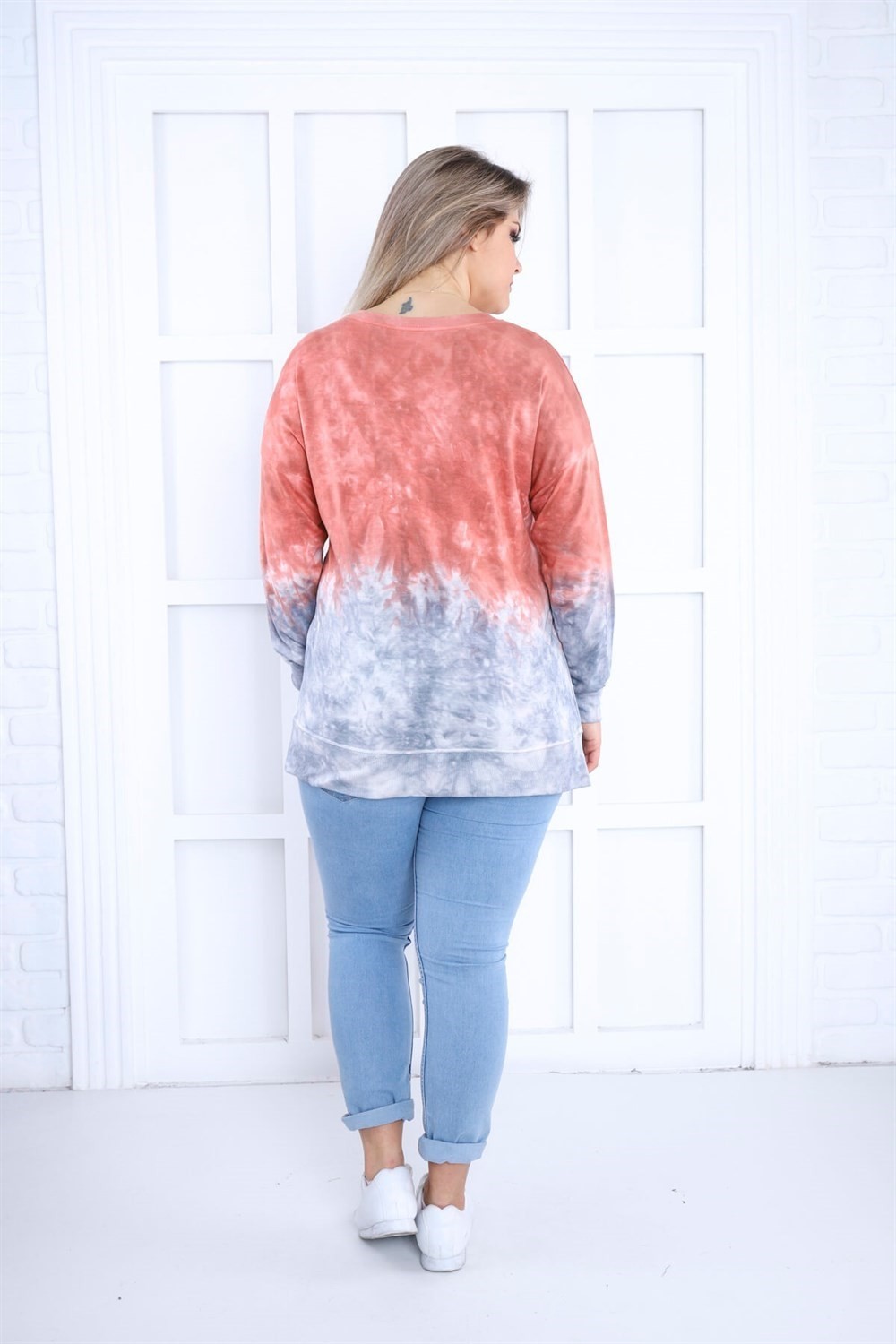 Sea Moda Kiremit-Mavi Batikli Yanları Yırtmaçlı Sweat görsel 5