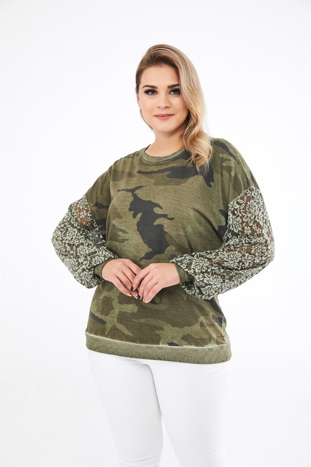 Sea Moda Kamuflaj Desen Kolu Dantelli Yağ Yıkama Sweat-Haki görsel 3