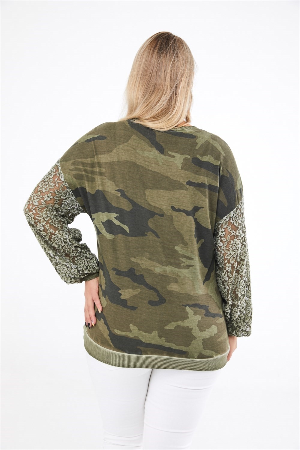 Sea Moda Kamuflaj Desen Kolu Dantelli Yağ Yıkama Sweat-Haki görsel 4