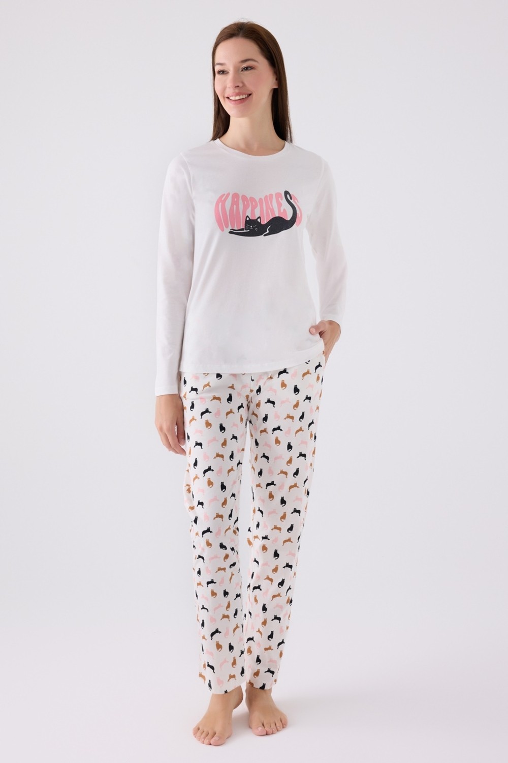 Arnetta Kedi Baskılı Yuvarlak Yakalı Pamuk Pijama Takımı