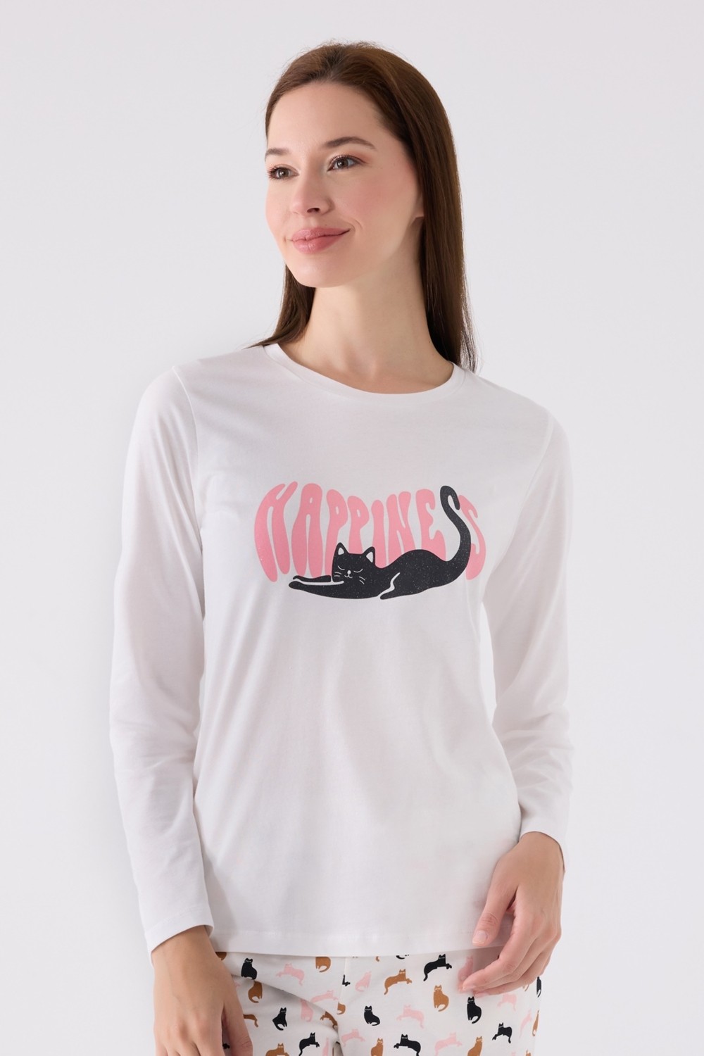Arnetta Kedi Baskılı Yuvarlak Yakalı Pamuk Pijama Takımı görsel 3