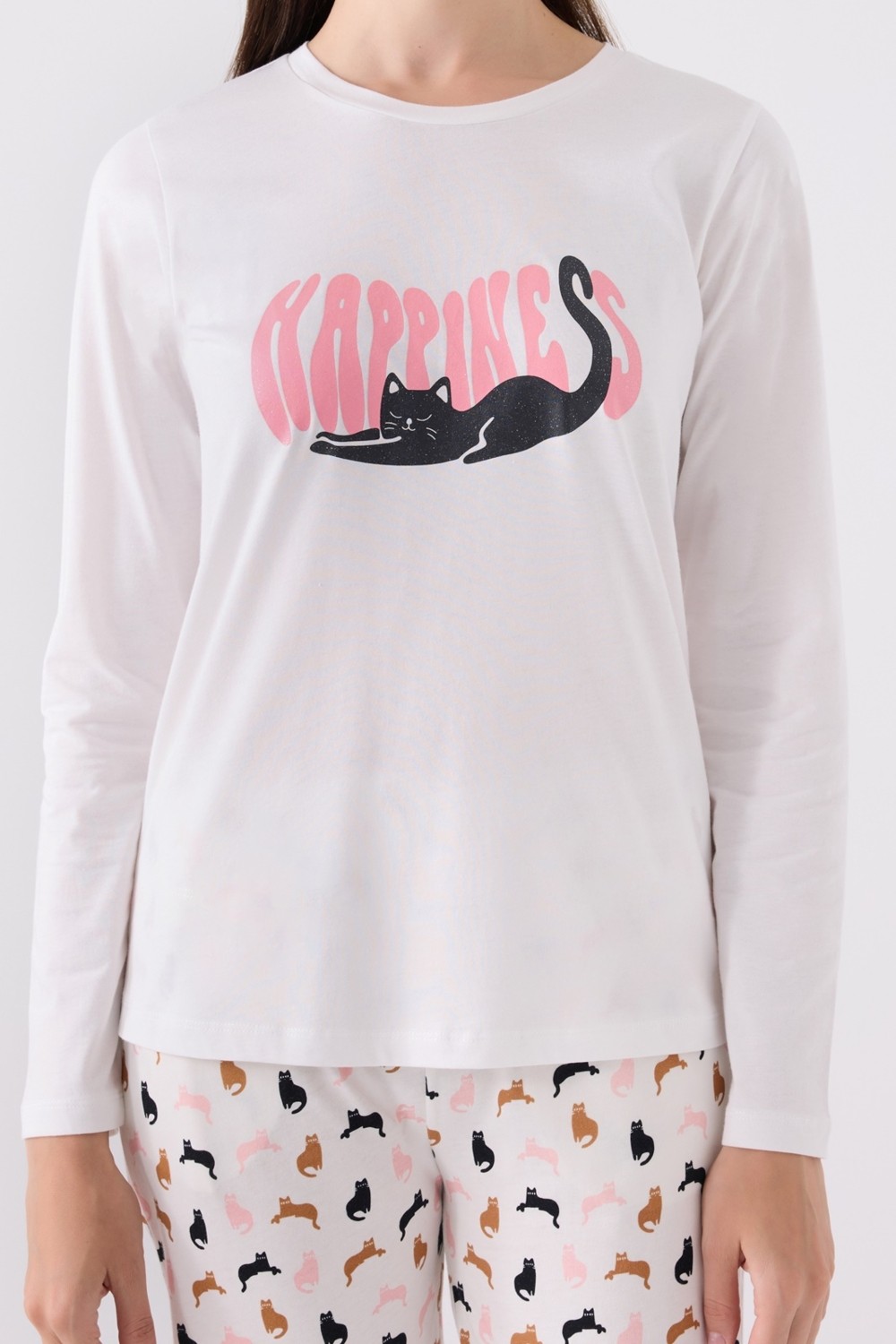 Arnetta Kedi Baskılı Yuvarlak Yakalı Pamuk Pijama Takımı görsel 4