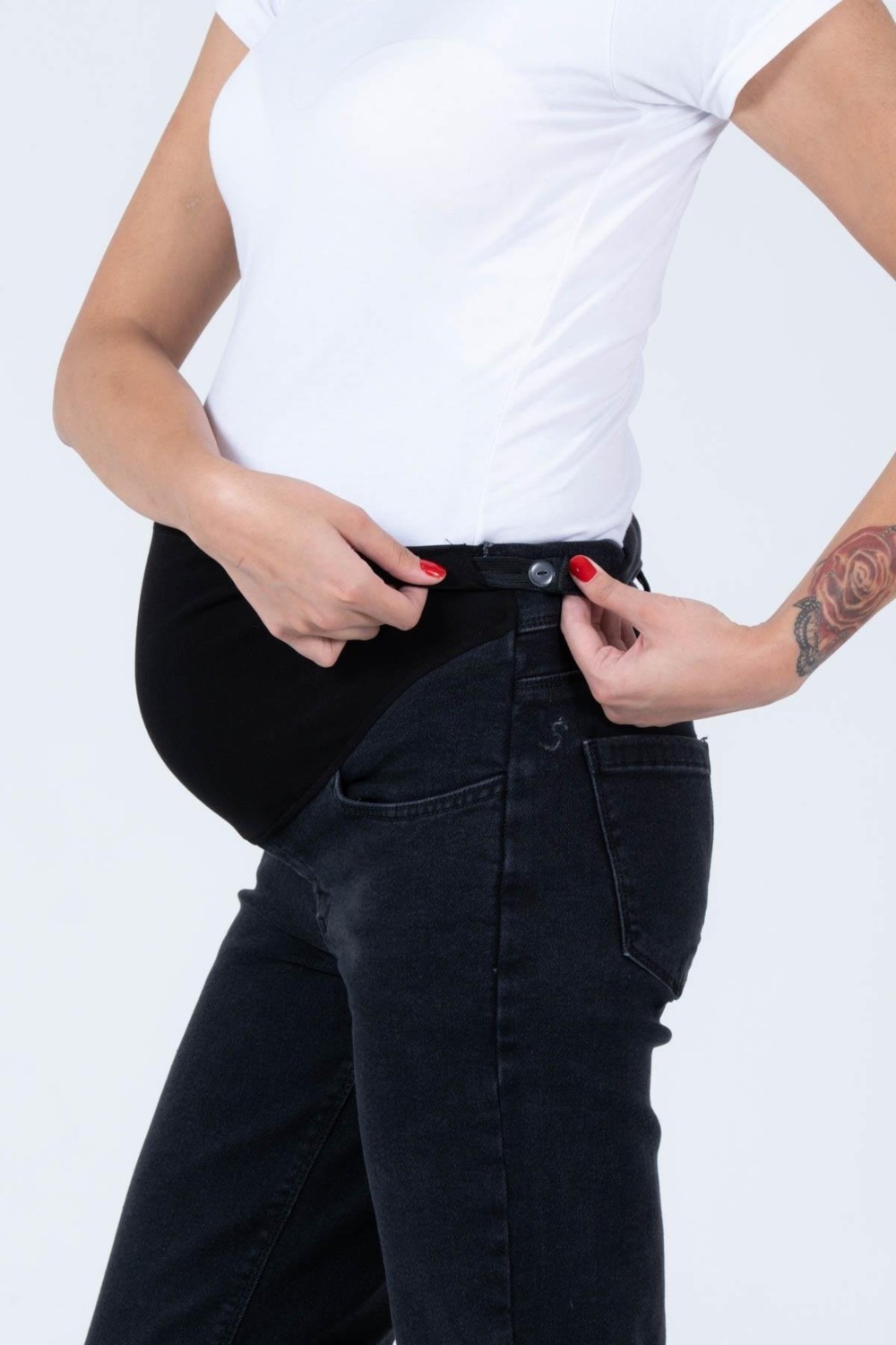 Busa Hamile Esnek Karın Bantlı Beli Ayarlanabilir Büyük Beden Mom Fit Kot Pantolon Siyah görsel 3