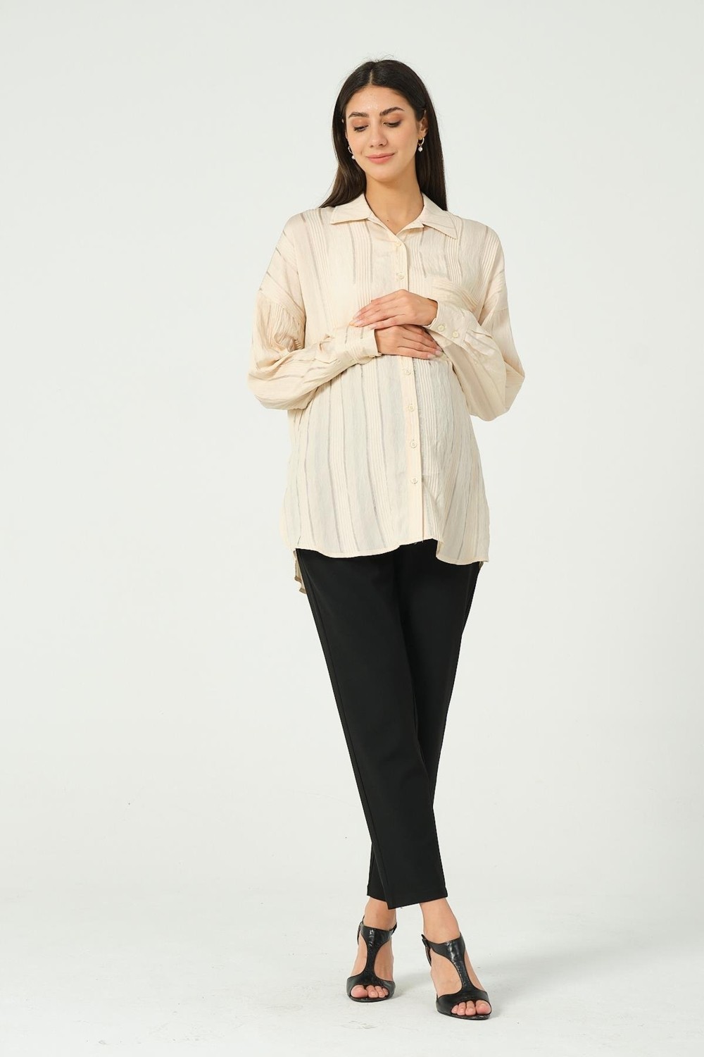 Busa Krem Hamile Önden Cepli Gömlek Rahat Kesim