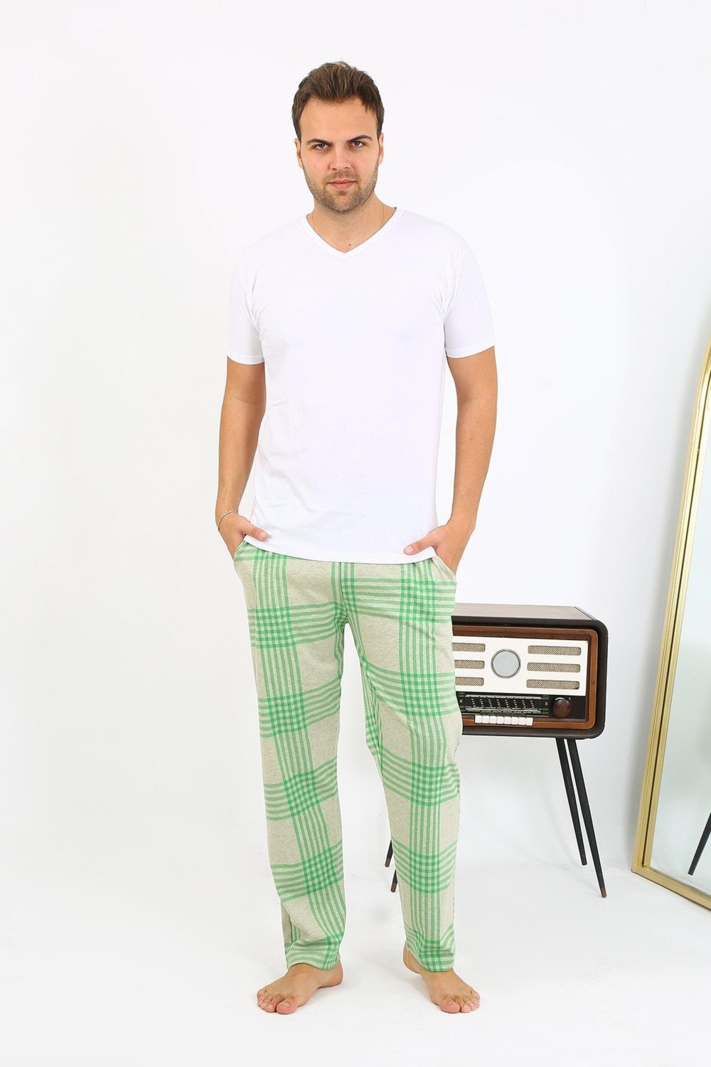 Akbeniz Erkek Ekoseli Desen Penye Tek Alt Pijama 27540 Yeşil görsel 2