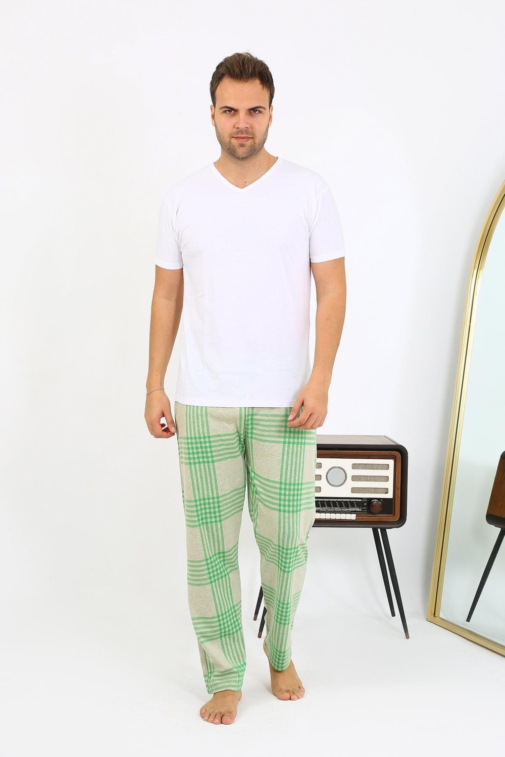 Akbeniz Erkek Ekoseli Desen Penye Tek Alt Pijama 27540 Yeşil görsel 3
