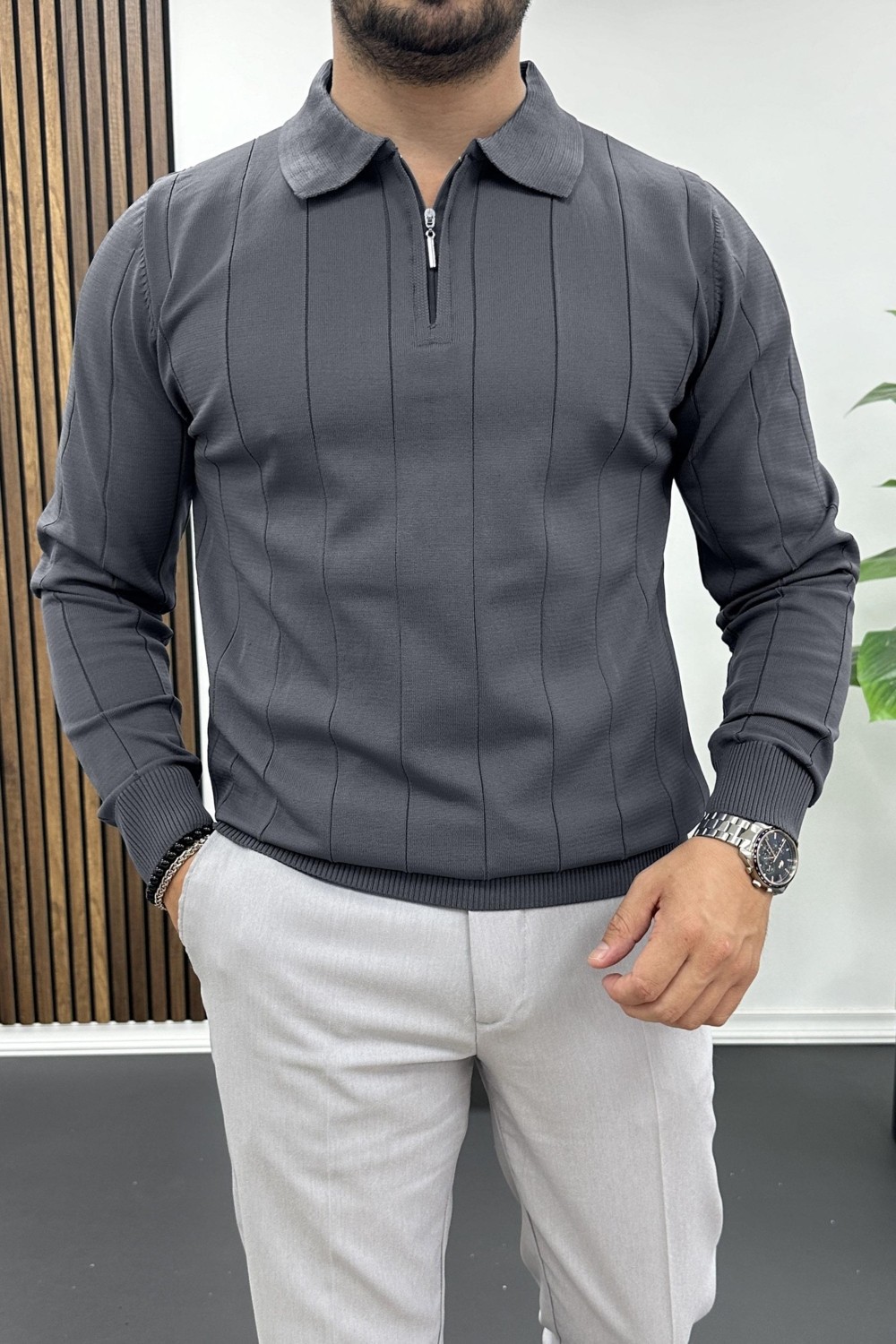 Edwox EDW195 Lacivert Erkek Yarım Fermuarlı Polo Yaka Mevsimlik Kazak Klasik Stil Uzun Kol