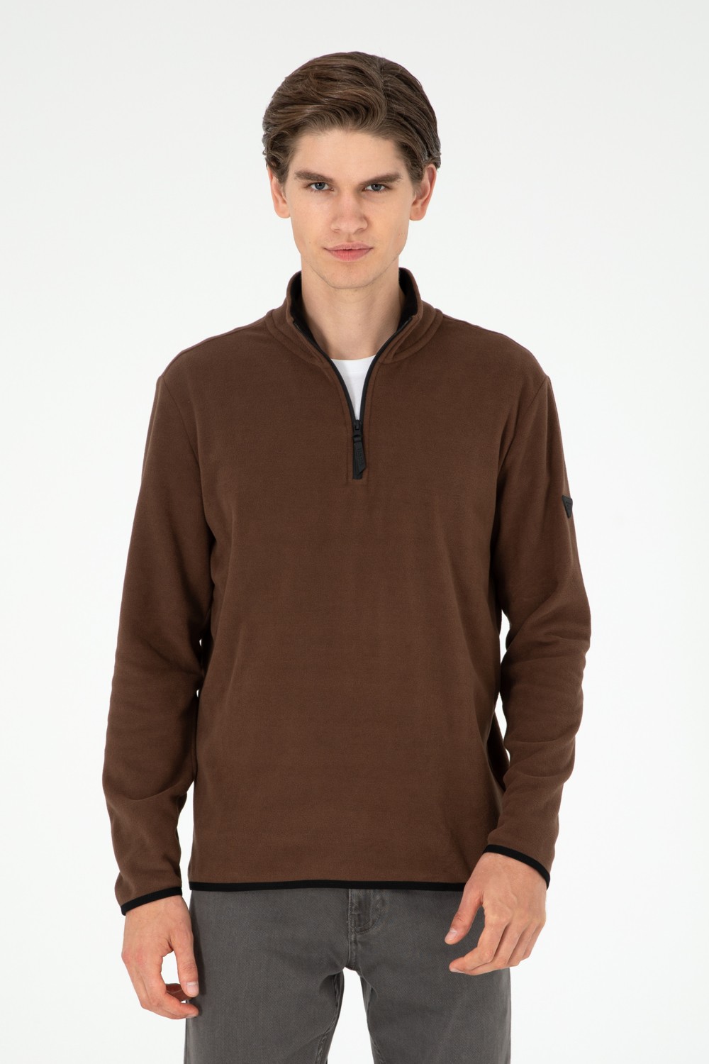 U.S. Polo Assn. Erkek Yarım Fermuarlı Haki Basic Polar Sweatshirt 50298085-VR027 görsel 8