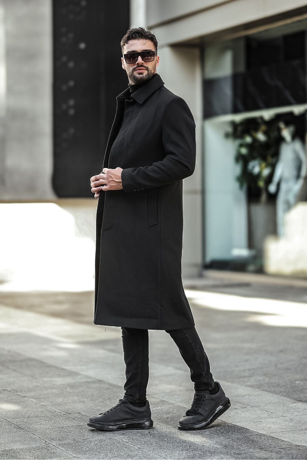 Gm Giyimarket Erkek Slim Fit Uzun Kaşe Kaban Kahverengi Yandan Cepli Kışlık Günlük Kullanım İçin