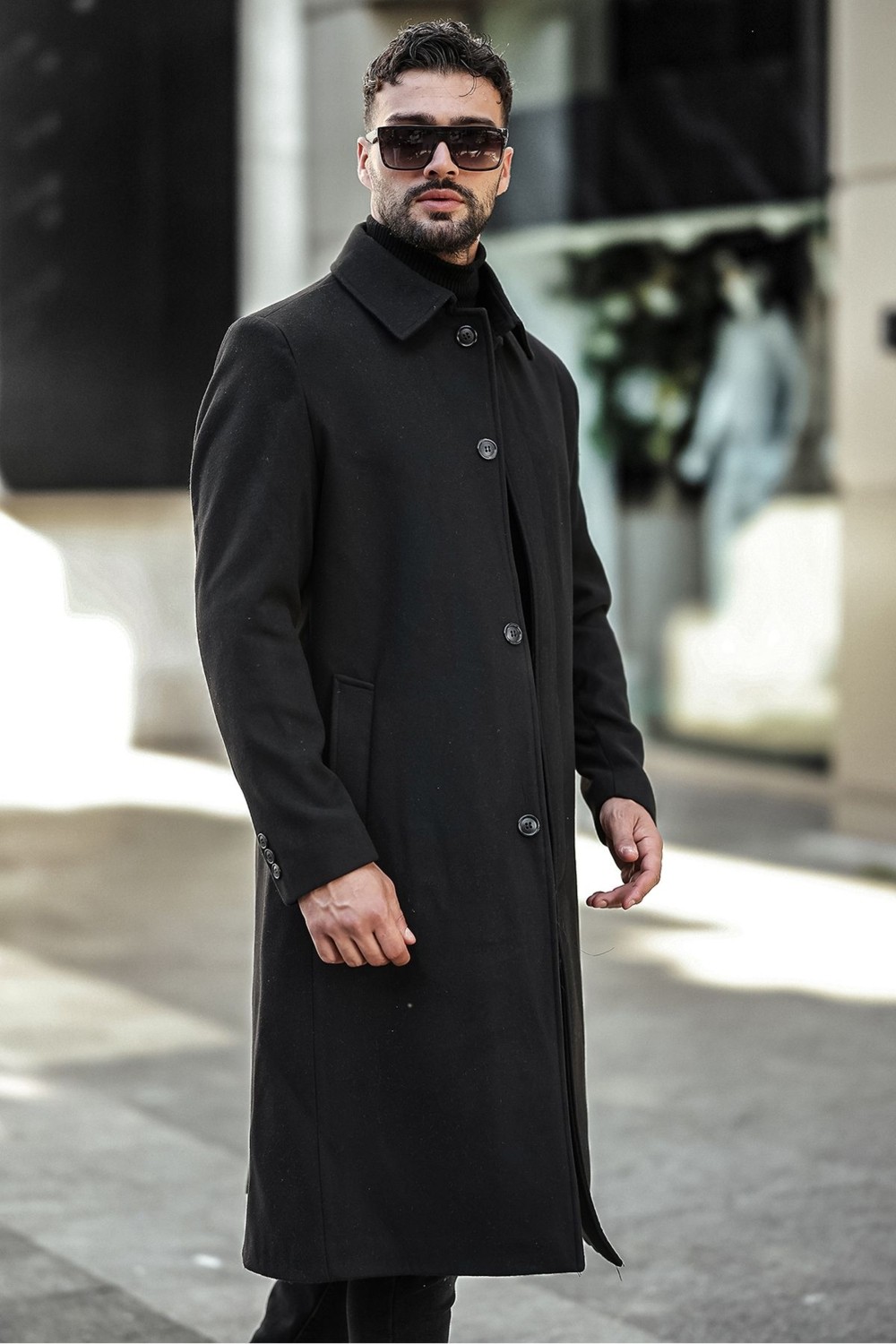 Gm Giyimarket Erkek Slim Fit Uzun Kaşe Kaban Kahverengi Yandan Cepli Kışlık Günlük Kullanım İçin görsel 2