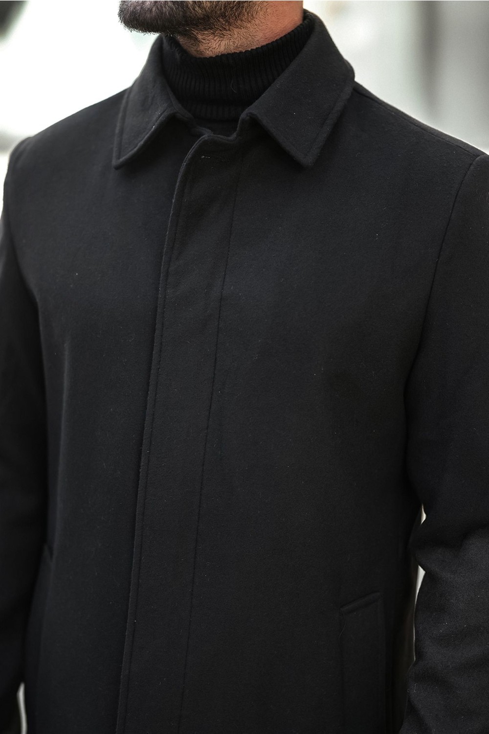 Gm Giyimarket Erkek Slim Fit Uzun Kaşe Kaban Kahverengi Yandan Cepli Kışlık Günlük Kullanım İçin görsel 4