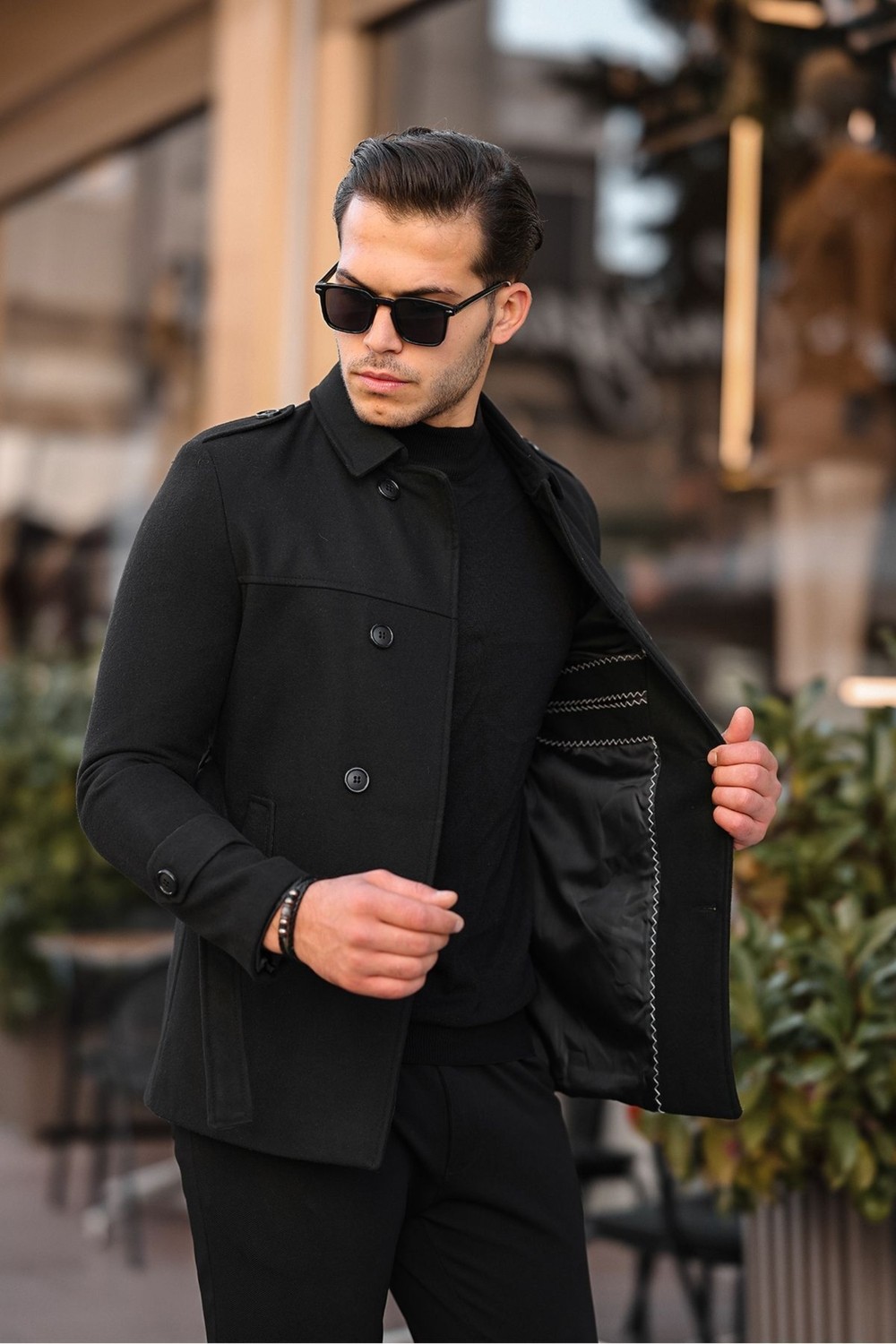 Gm Giyimarket Wish Klein Erkek Slim Fit Kısa Kaşe Kaban Siyah Uzun Kol Dokuma Malzeme ile Şık Tasarım görsel 2