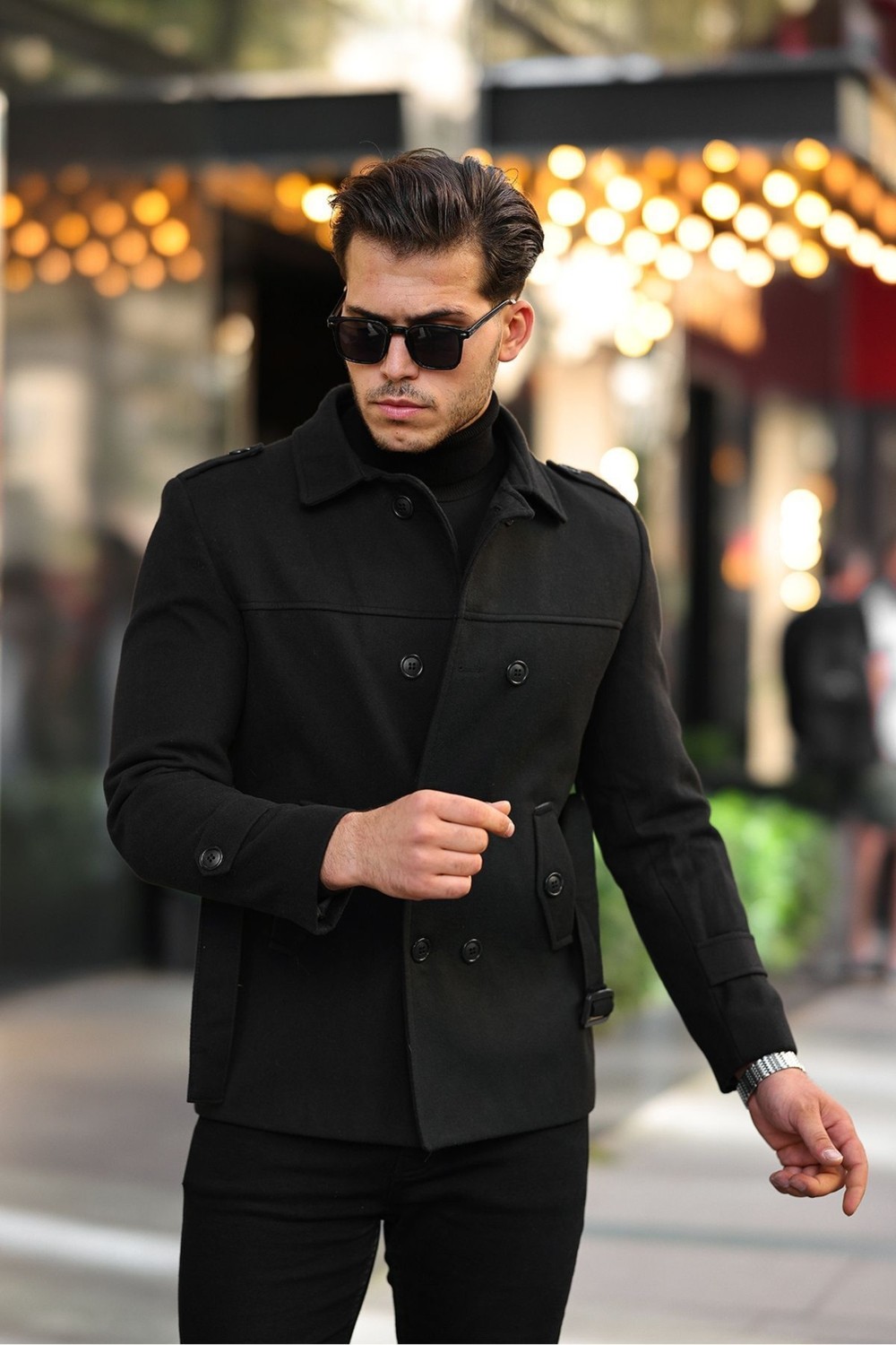 Gm Giyimarket Wish Klein Erkek Slim Fit Kısa Kaşe Kaban Siyah Uzun Kol Dokuma Malzeme ile Şık Tasarım görsel 5