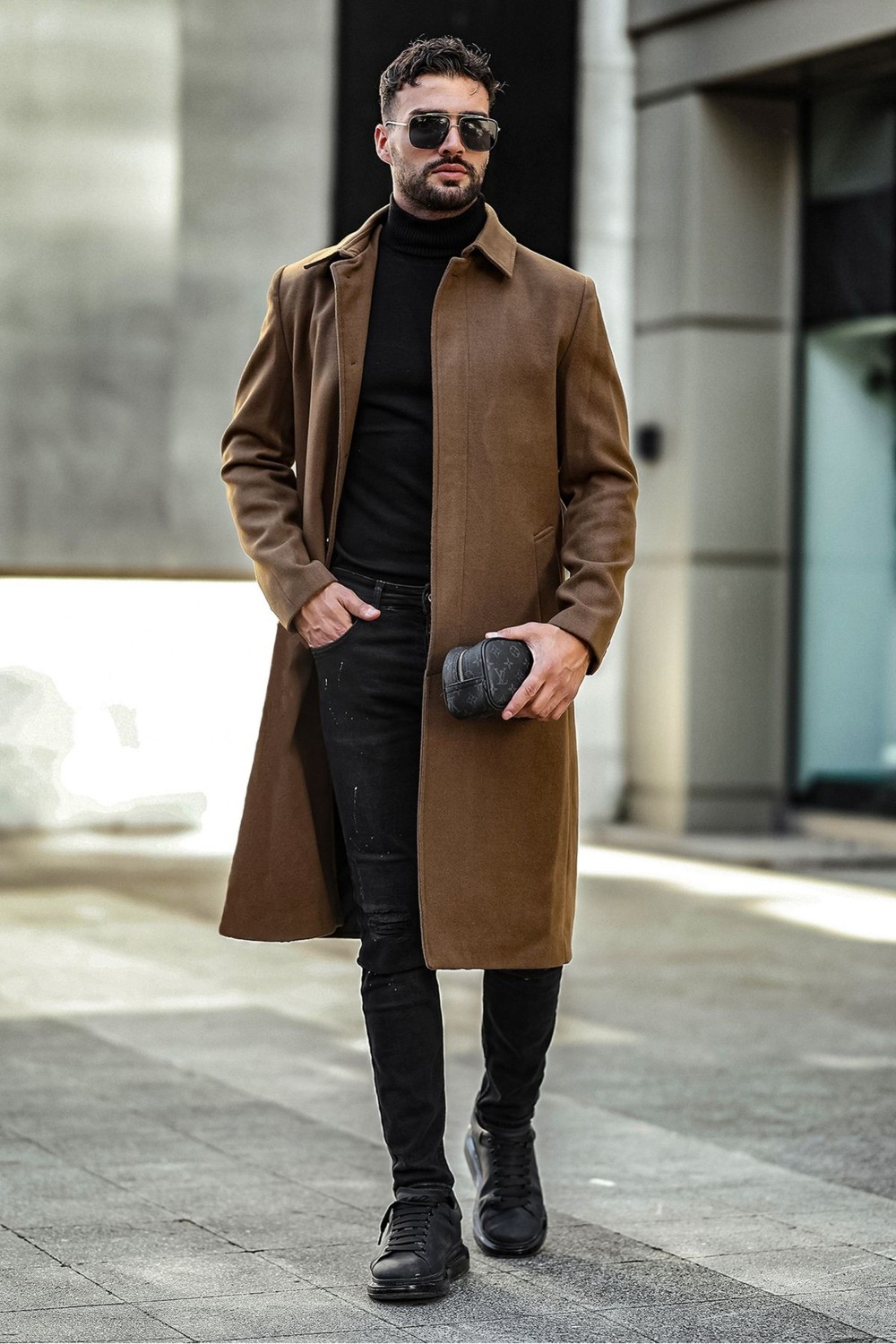 Gm Giyimarket Erkek Slim Fit Uzun Kaşe Kaban Kahverengi Yandan Cepli Kışlık Günlük Kullanım İçin görsel 7