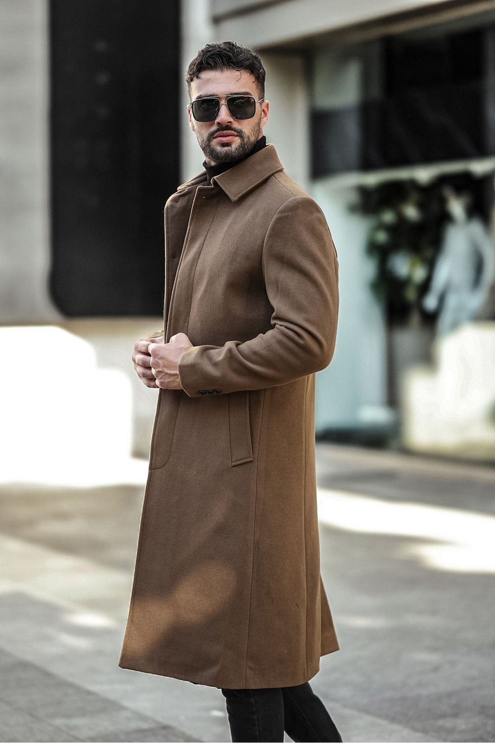 Gm Giyimarket Erkek Slim Fit Uzun Kaşe Kaban Kahverengi Yandan Cepli Kışlık Günlük Kullanım İçin görsel 8