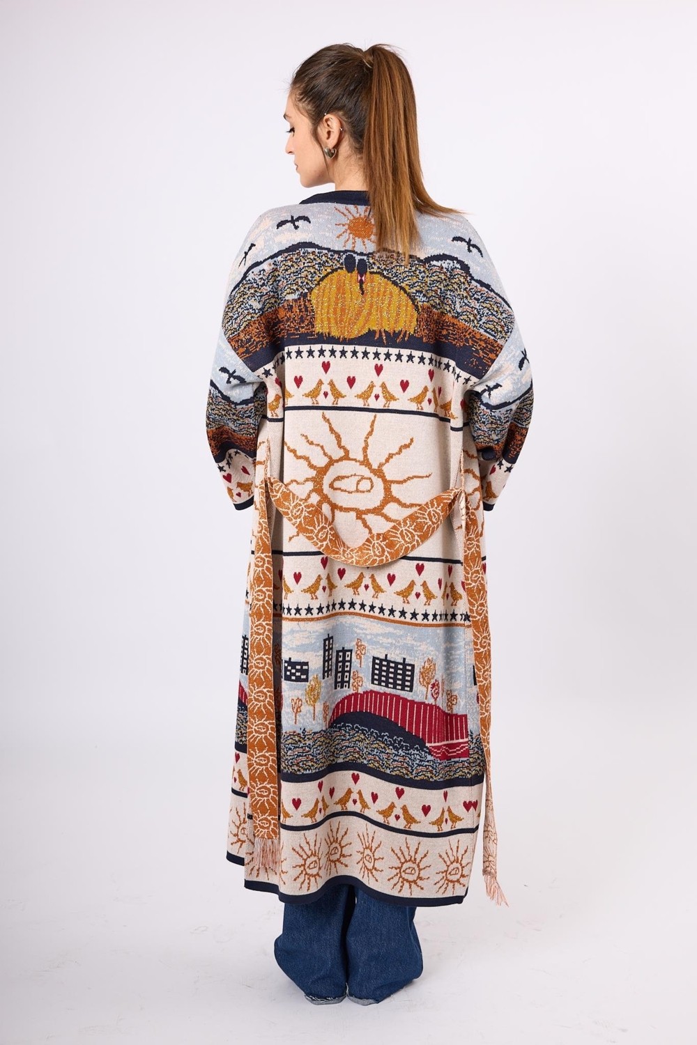 Peraluna Sweet Memories Jakarlı Kadın Uzun Triko Kimono - Lacivert Multi görsel 2