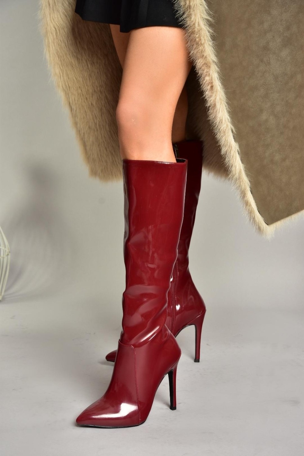 Fox Shoes N372530108 Bordo Rugan Ince Topuklu Sivri Burun Kadın Çizme görsel 8