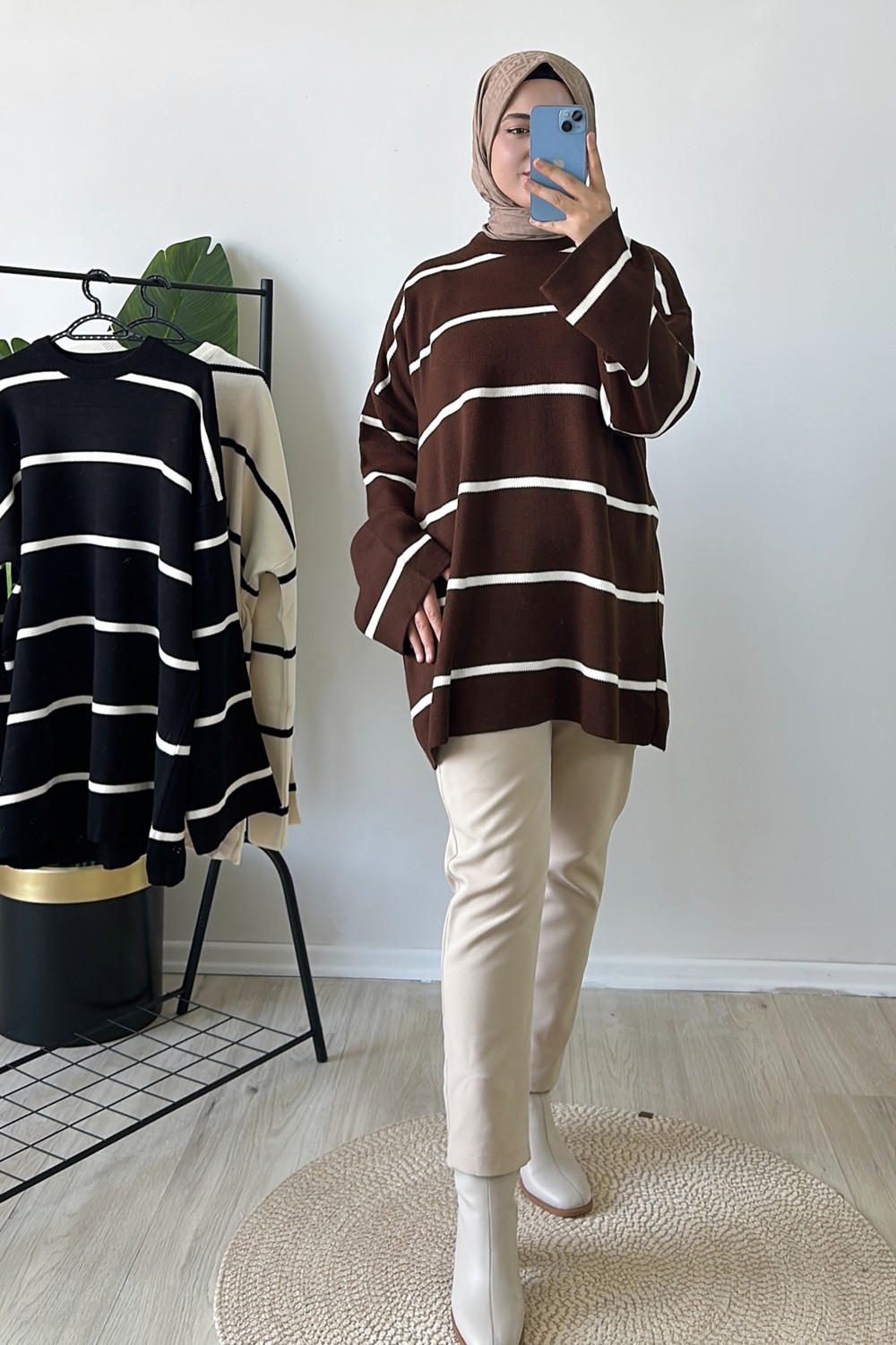 Merve Akyol Moda Çizgili Oversize Triko Kazak görsel 5