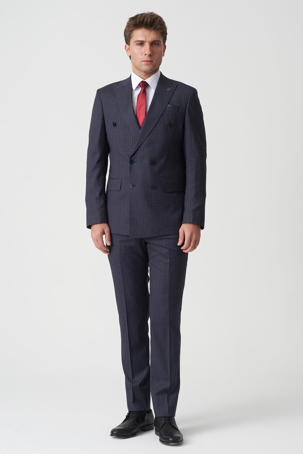White Stone Lacivert Beyaz İnce Çizgili Slim Fit Kalıp Kruvaze Premium Takım Elbise