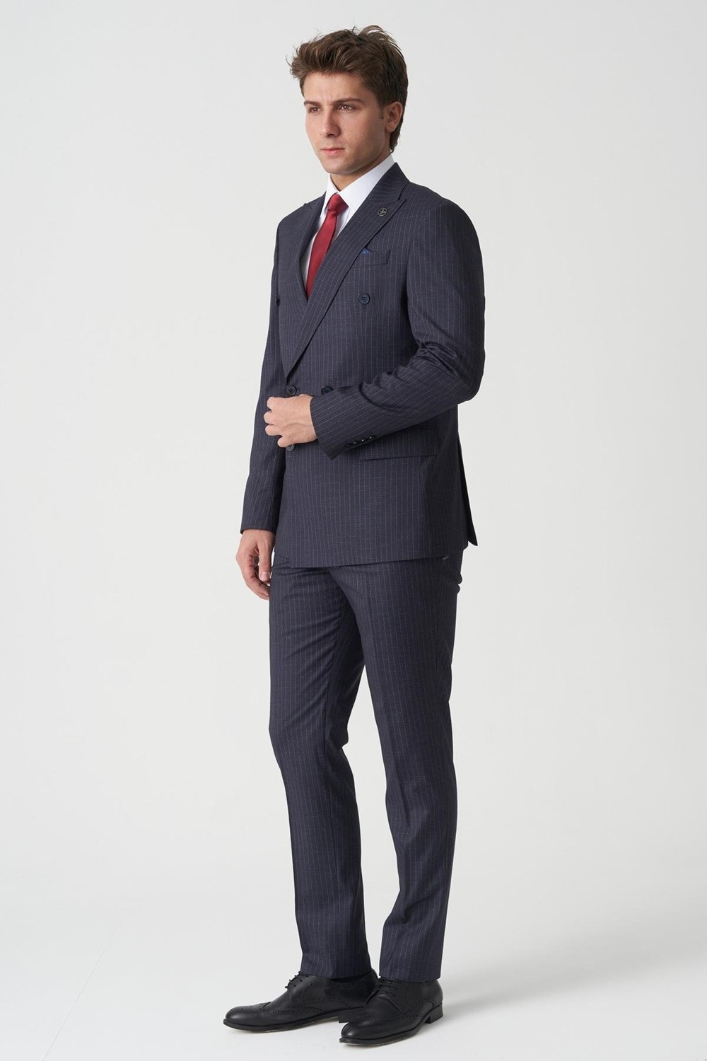 White Stone Lacivert Beyaz İnce Çizgili Slim Fit Kalıp Kruvaze Premium Takım Elbise görsel 2