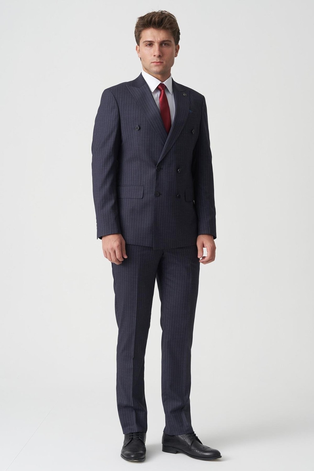 White Stone Lacivert Beyaz İnce Çizgili Slim Fit Kalıp Kruvaze Premium Takım Elbise görsel 3