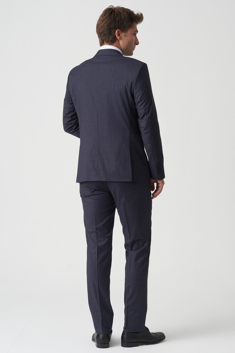 White Stone Lacivert Beyaz İnce Çizgili Slim Fit Kalıp Kruvaze Premium Takım Elbise görsel 4