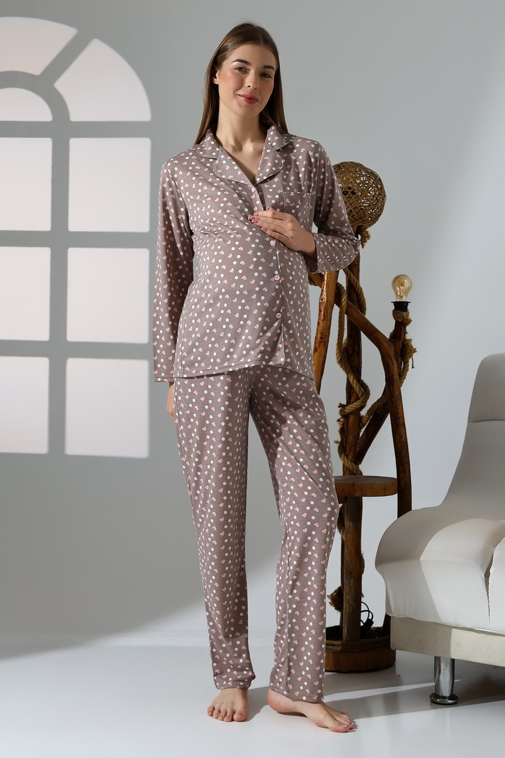 Likapa Penye Uzun Kol Hamile Pijama Takımı Önden Düğmeli Premium Kumaş ile Rahat Kullanım