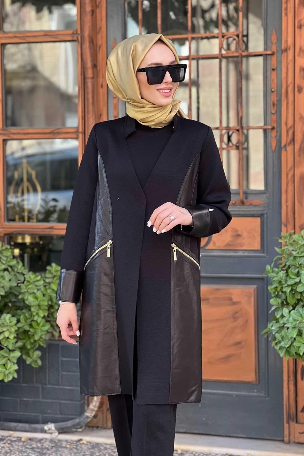 Miss Dalida Missdalida Deri Detaylı Triko Ceket T25K-8023 Siyah görsel 3