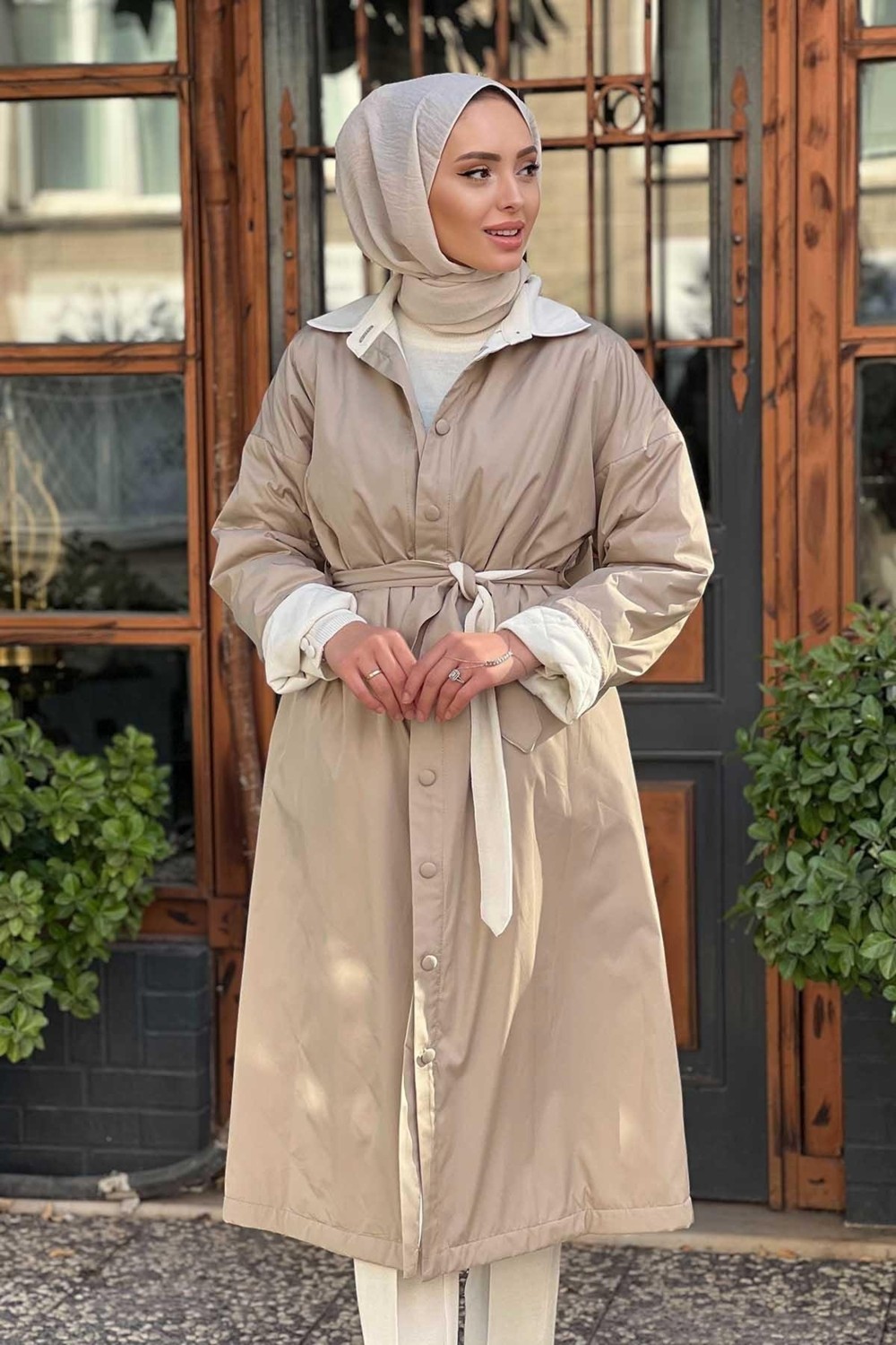 Miss Dalida Triko Astarlı Rüzgarlık Kap T25K-8019 Bej görsel 3