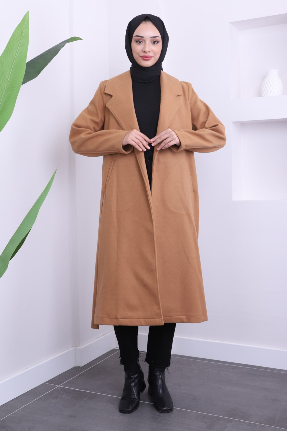 İmaj Butik Camel Bel Kuşaklı Kaşe Kaban