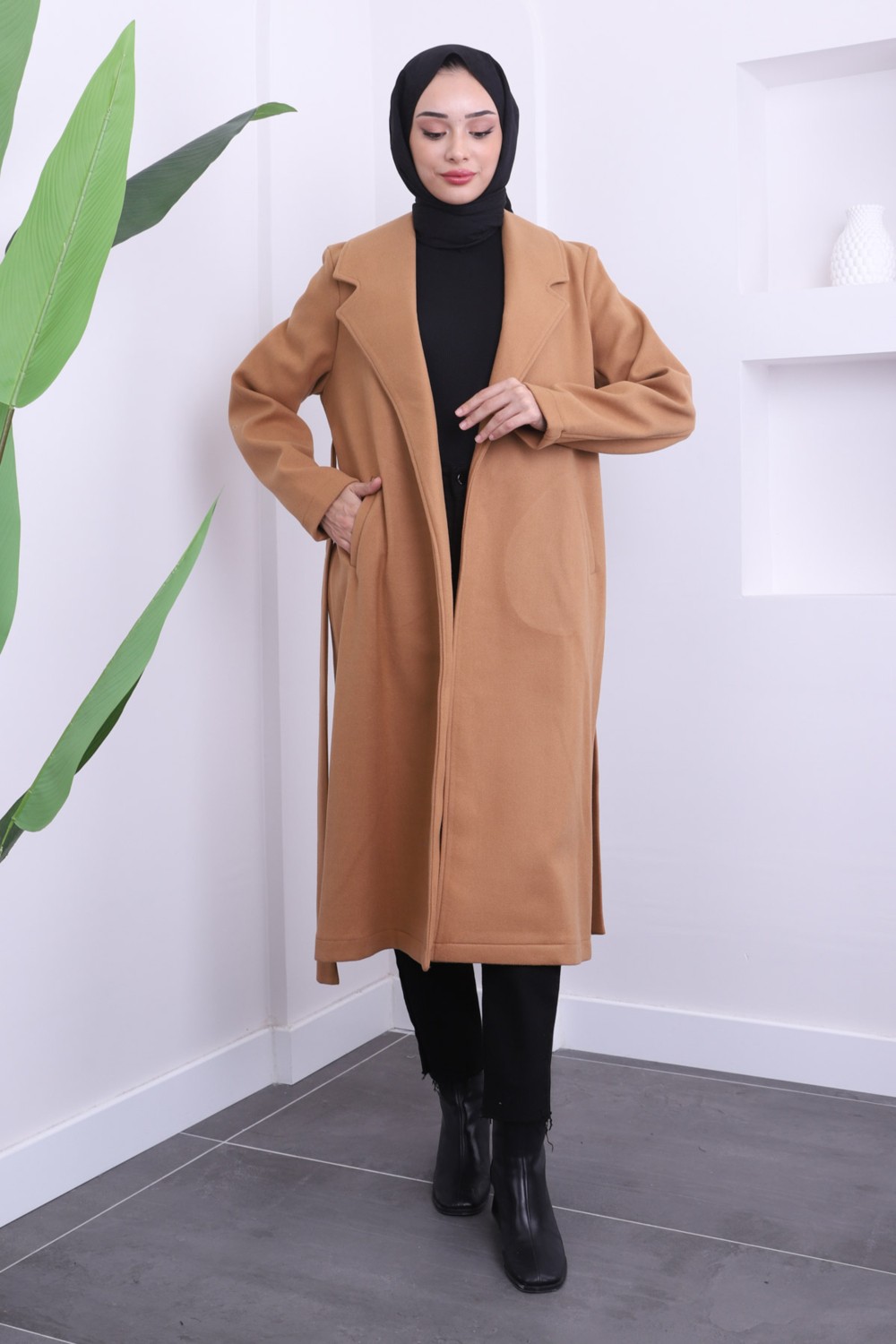 İmaj Butik Camel Bel Kuşaklı Kaşe Kaban görsel 2