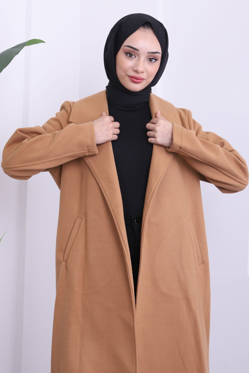 İmaj Butik Camel Bel Kuşaklı Kaşe Kaban görsel 3