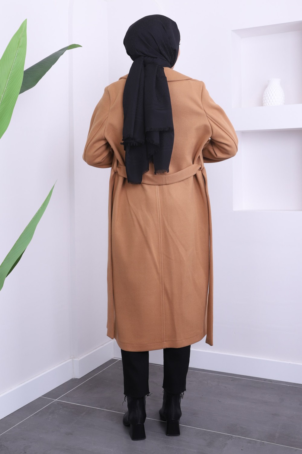 İmaj Butik Camel Bel Kuşaklı Kaşe Kaban görsel 4