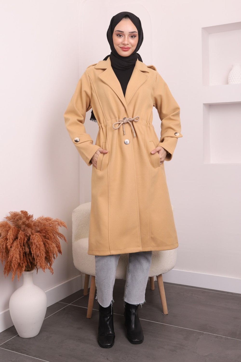İmaj Butik Koyu Bej Bel Bağlamalı Kaşe Kaban