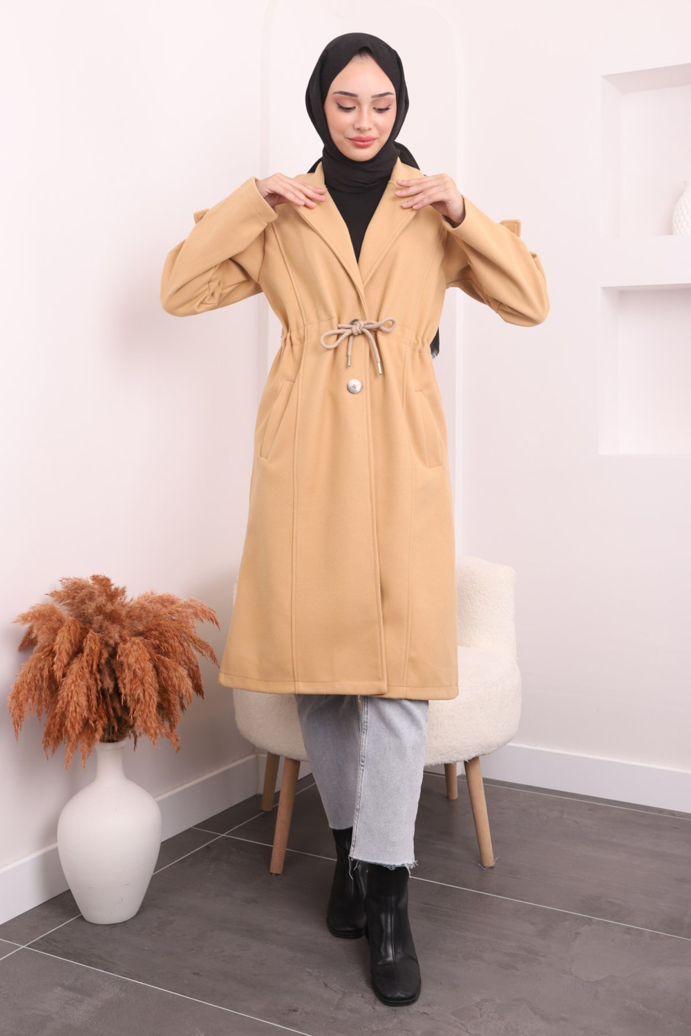 İmaj Butik Koyu Bej Bel Bağlamalı Kaşe Kaban görsel 2