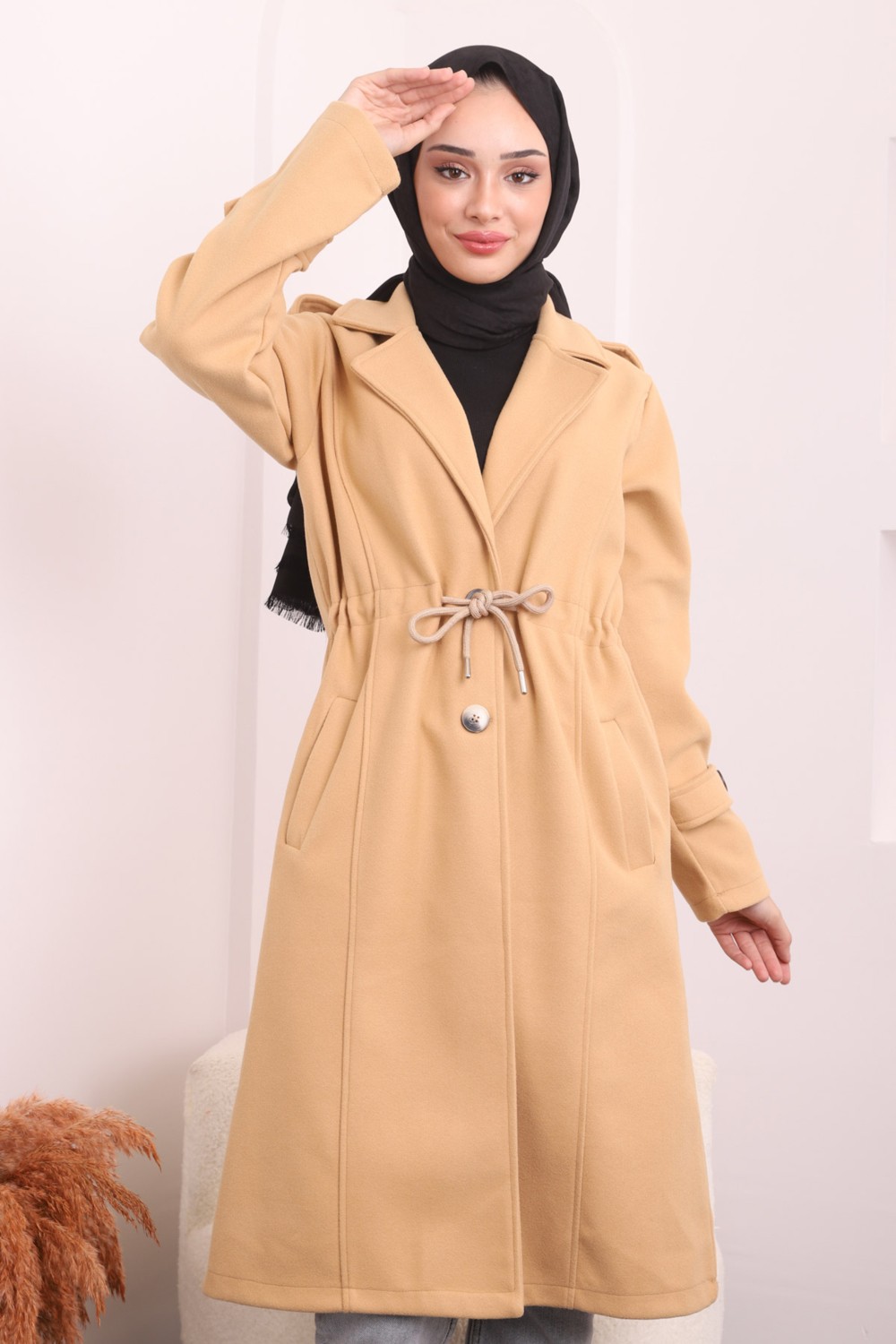 İmaj Butik Koyu Bej Bel Bağlamalı Kaşe Kaban görsel 3