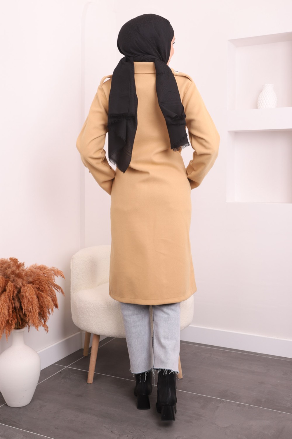 İmaj Butik Koyu Bej Bel Bağlamalı Kaşe Kaban görsel 4