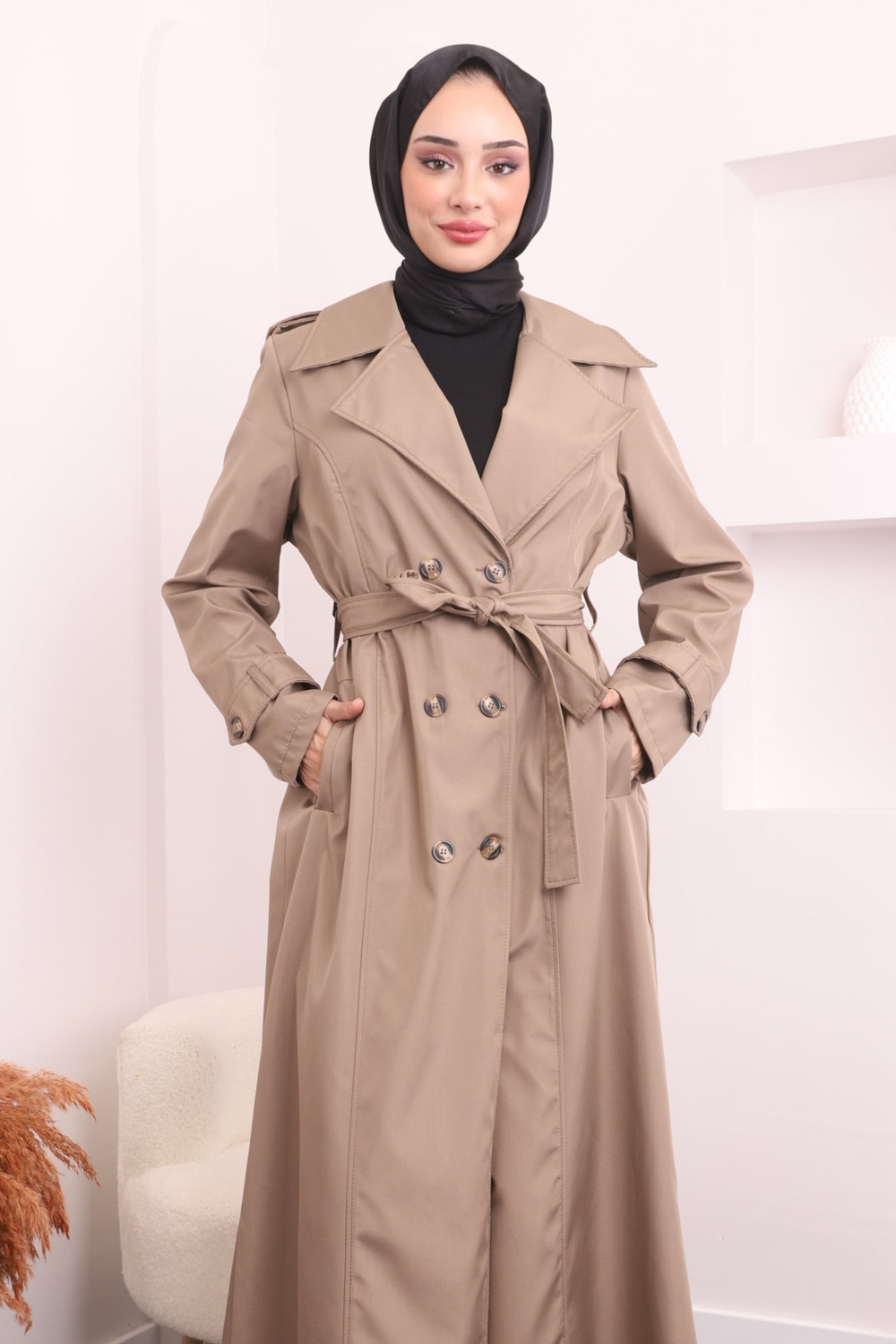 İmaj Butik Haki Kruvaze Yaka Apoletli Uzun Trençkot görsel 2